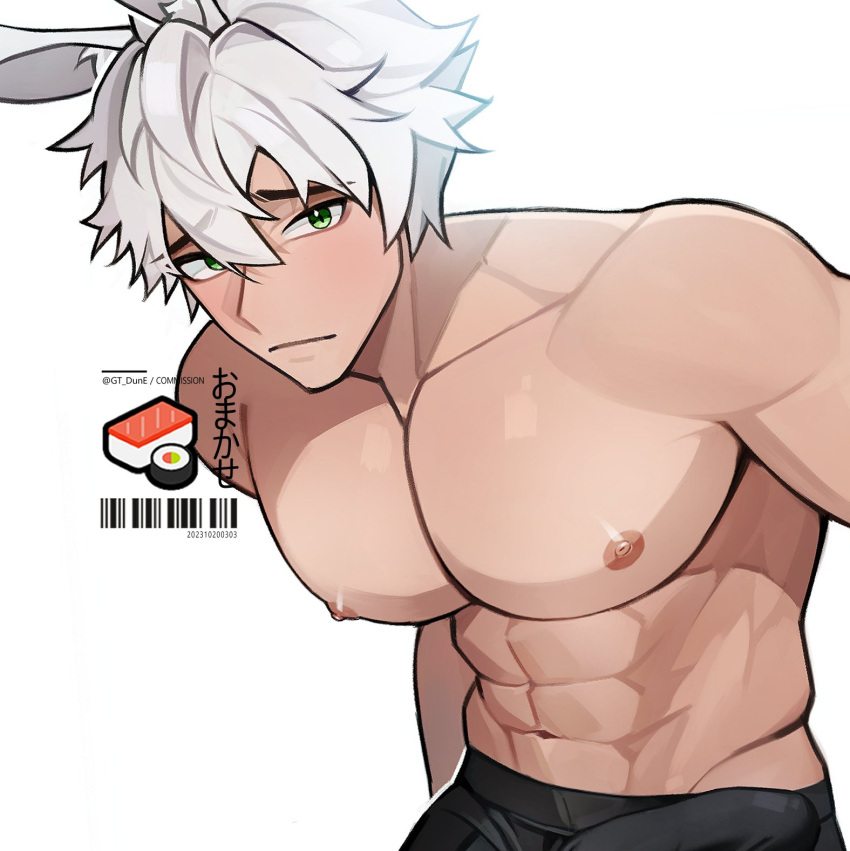 1boy abs animal_ears bara barcode black_male_underwear boxer_briefs bulge closed_mouth erection erection_under_clothes food frown green_eyes gt_dune hair_between_eyes highres large_pectorals leaning_forward looking_at_viewer male_focus male_underwear muscular muscular_male navel nipples original pectorals rabbit_boy rabbit_ears short_hair simple_background solo sushi topless_male twitter_username underwear upper_body white_background white_hair