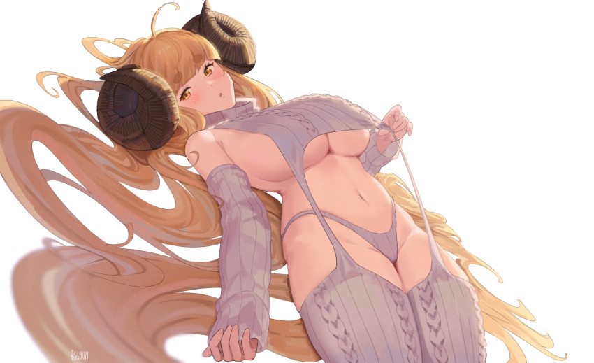 1girl ahoge anila_(granblue_fantasy) blonde_hair blush breasts cleavage clothing_request cowboy_shot curled_horns detached_sleeves english_commentary fikkyun granblue_fantasy hair_spread_out highleg highleg_panties highres horns large_breasts large_horns long_hair looking_at_viewer lying navel on_back panties sheep_horns short_eyebrows sideboob signature simple_background solo sweater thick_eyebrows underboob underwear very_long_hair white_background
