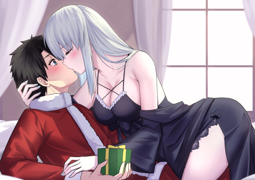 1boy 1girl absurdres bare_shoulders black_dress black_hair blue_eyes blue_nails blush box breasts christmas cleavage closed_eyes collarbone commentary_request couple curtains dress fate/grand_order fate_(series) fujimaru_ritsuka_(male) gift gift_box grey_hair hetero highres kiss large_breasts long_hair morgan_le_fay_(fate) nail_polish natu_zame santa_costume sleeveless sleeveless_dress window