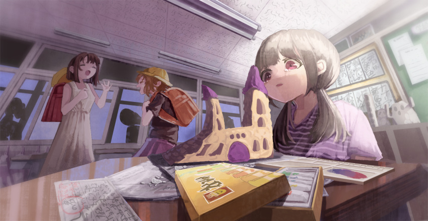 3girls backpack bag black_shirt bob_cut box brown_hair classroom closed_eyes commentary_request crying crying_with_eyes_open dress hat highres indoors kagenoyuhi long_hair low_twintails model_building multiple_girls open_mouth original paint palette_(object) papier_mache parted_lips purple_shirt randoseru red_bag red_eyes sad school_hat shirt short_hair short_sleeves sitting sleeveless sleeveless_dress standing striped striped_shirt table talking tears twintails white_dress