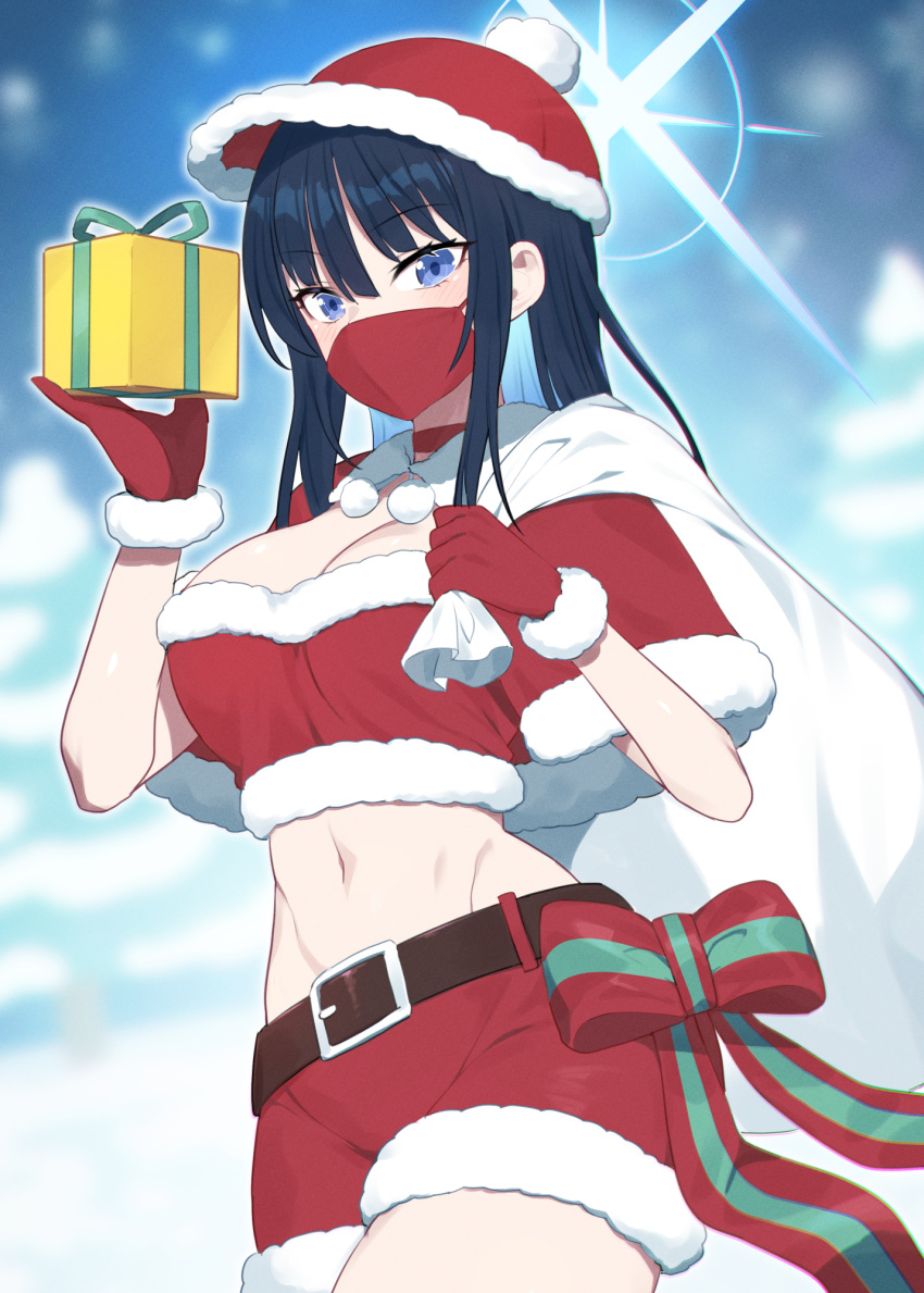 1girl alternate_costume belt black_hair blue_archive blue_eyes bow box breasts brown_belt capelet choker cleavage commentary_request cowboy_shot crop_top fur-trimmed_capelet fur_trim gift gift_box gloves groin hair_between_eyes halo hat highres holding holding_gift holding_sack long_hair looking_at_viewer mask matsumoto_tomoyohi medium_breasts midriff mouth_mask navel red_capelet red_choker red_gloves red_headwear red_mask red_shirt red_shorts sack santa_costume santa_hat saori_(blue_archive) shirt short_shorts shorts sidelocks solo standing striped striped_bow