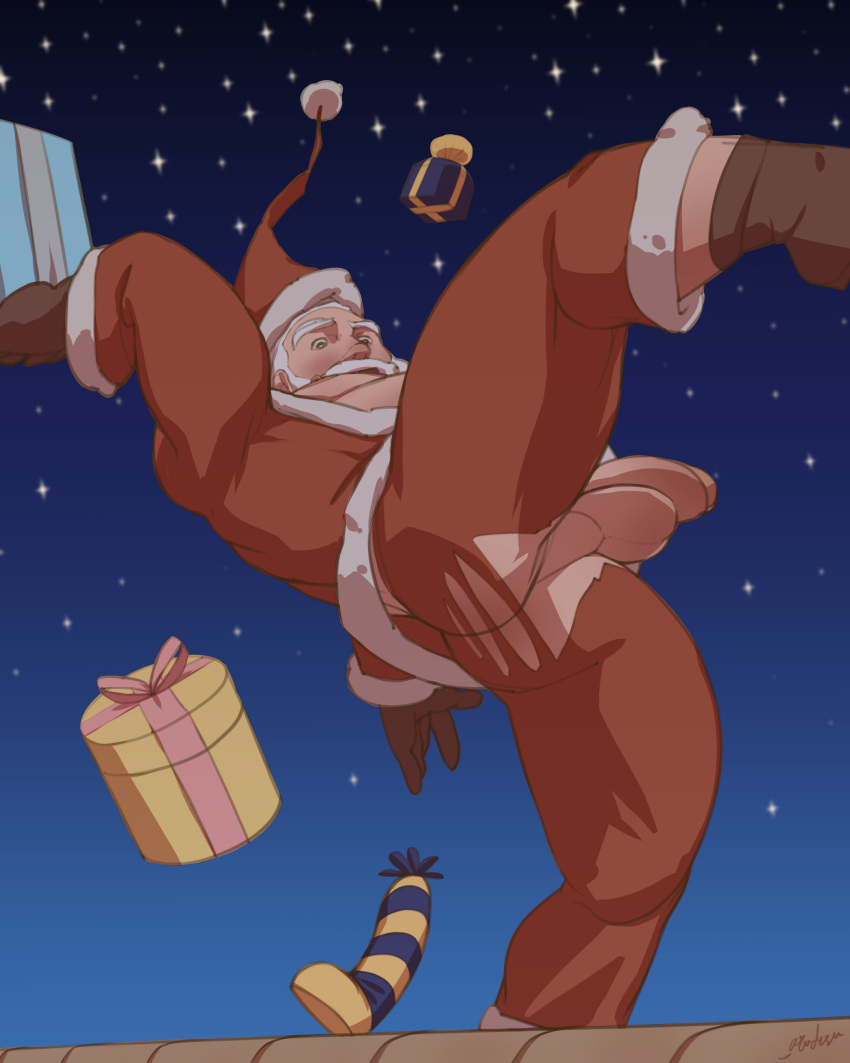 1boy absurdres aru_(arudesu) ass_peek bara belly box christmas dildo falling flaccid full_body gift gift_box gift_wrapping girthy_penis hat highres leg_lift male_focus mature_male muscular muscular_male old old_man original pants pectorals penis plump red_headwear santa_claus santa_costume santa_hat sex_toy short_hair sky solo star_(sky) starry_sky thick_eyebrows thick_thighs thighs torn_clothes torn_pants uncensored white_hair