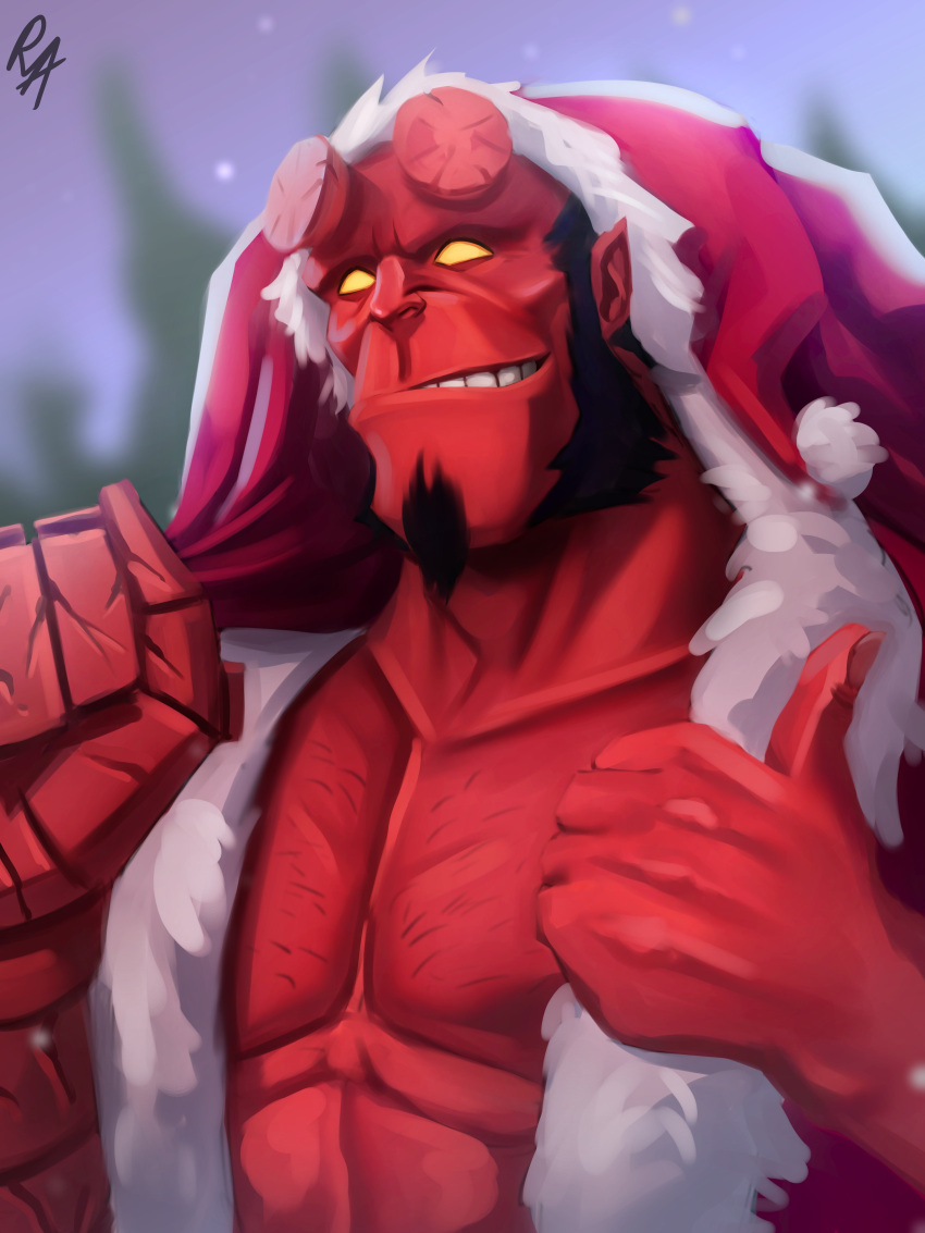 1boy absurdres alternate_costume bara black_hair blank_eyes christmas colored_skin demon_boy facial_hair gift_bag goatee hat hellboy hellboy_(comic) highres large_pectorals looking_at_viewer male_focus mature_male muscular muscular_male pectoral_cleavage pectorals pointy_ears red_headwear red_skin ribbions_art santa_costume santa_hat short_hair solo sparse_chest_hair thick_eyebrows thumbs_up yellow_eyes