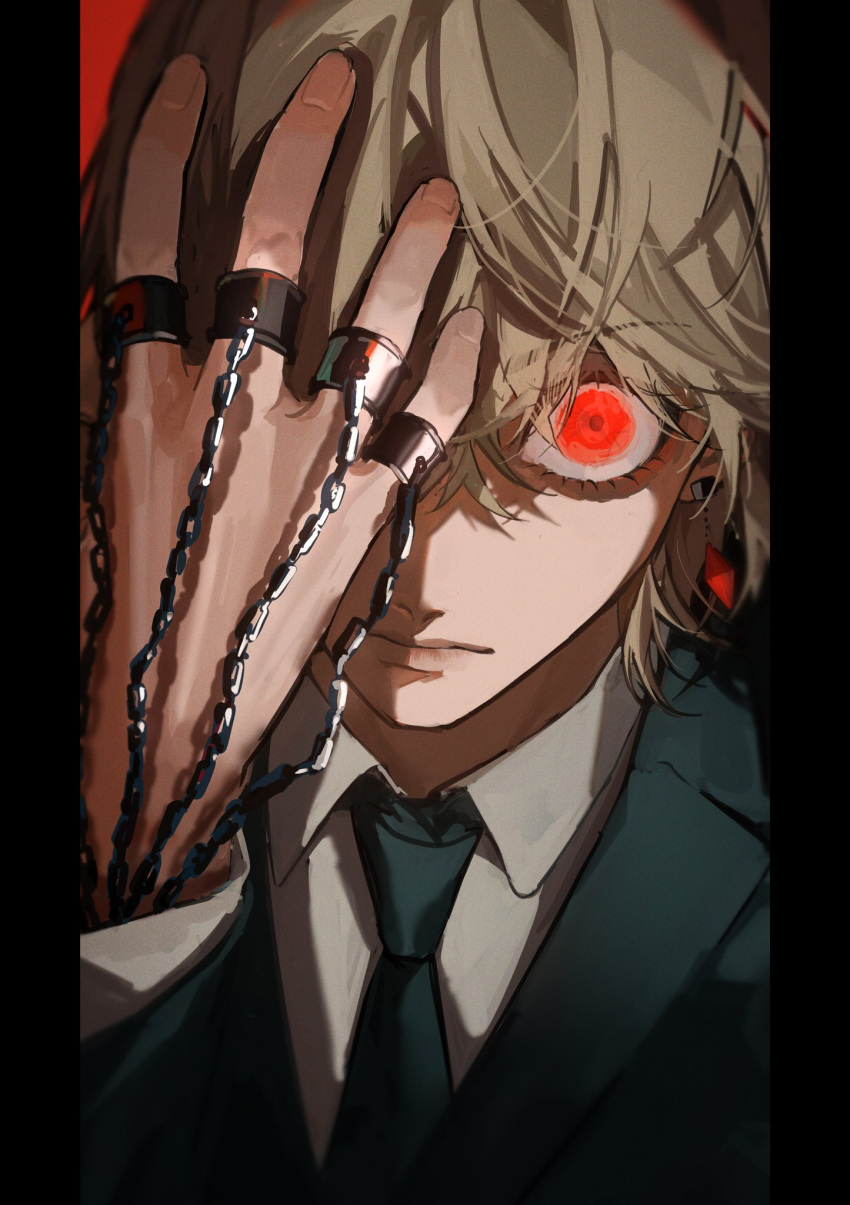 1boy black_jacket black_necktie blonde_hair chain closed_mouth collared_shirt hand_in_own_hair highres hunter_x_hunter jacket jewelry kurapika looking_at_viewer maaroso_09 male_focus multiple_rings necktie red_eyes ring shirt short_hair solo suit suit_jacket white_shirt