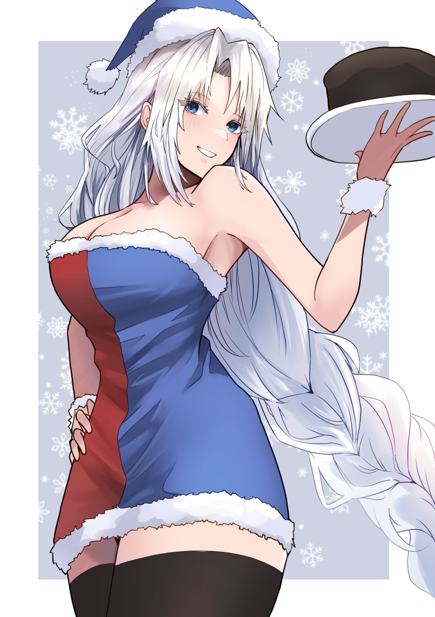 1girl absurdres adapted_costume bare_shoulders black_thighhighs blue_dress breasts cake chocolate_cake cleavage collarbone cowboy_shot dress food fur-trimmed_dress fur_trim highres jewelry long_hair looking_at_viewer merry_christmas red_dress short_dress smile snowflake_background solo strapless strapless_dress thighhighs touhou tray tube_dress two-tone_dress white_background yagokoro_eirin yagoro_kusuriya