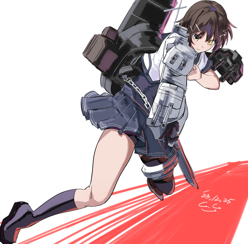 1girl adapted_turret asymmetrical_bodysuit black_bodysuit blue_sailor_collar blush bodysuit brown_hair cannon dated elbow_gloves furutaka_(kancolle) furutaka_kai_ni_(kancolle) gegeron gloves glowing glowing_eye hair_ornament hairclip highres kantai_collection kerchief kneehighs machinery neckerchief pleated_skirt red_neckerchief rigging sailor_collar school_uniform serafuku short_hair signature single_elbow_glove single_kneehigh single_sock single_thighhigh skirt smokestack socks solo thighhighs turret yellow_eyes