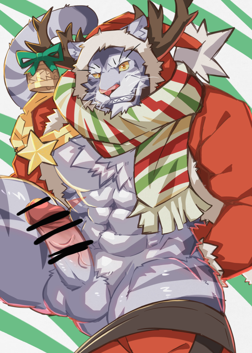 1boy abs absurdres animal_ears arms_behind_back artist_request bar_censor bara bare_pectorals body_fur censored chest_tuft christmas colored_sclera erection furry furry_male grey_fur hat highres large_pectorals looking_at_viewer male_focus muscular muscular_male nimbus_(world_flipper) official_alternate_costume pants_around_one_leg partially_undressed pectorals penis red_headwear santa_costume santa_hat scarf seductive_smile short_hair smile snout solo striped_fur tail thick_eyebrows tiger_boy tiger_ears tiger_tail veins veiny_penis white_fur world_flipper yellow_sclera