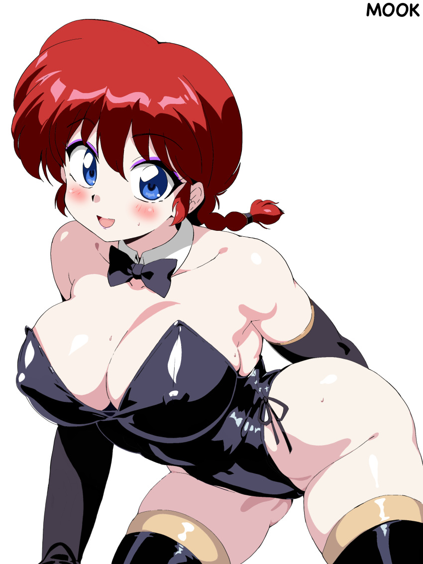 1girl absurdres black_leotard blue_eyes braid braided_ponytail breasts cleavage donguri2 gloves highres large_breasts leotard long_hair looking_at_viewer ranma-chan ranma_1/2 saotome_ranma solo white_background