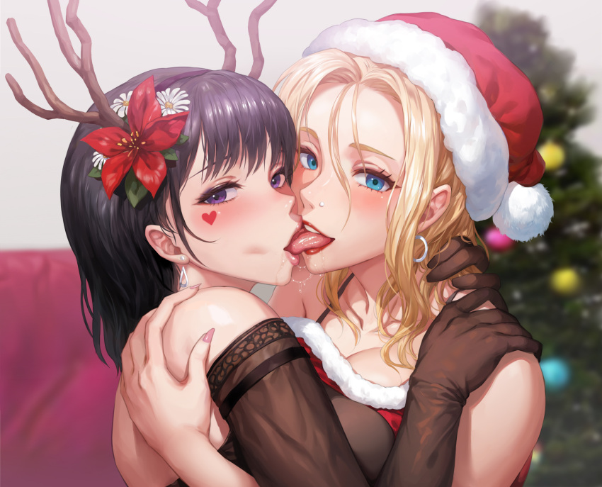 antlers black_hair blonde_hair blue_eyes breasts christmas christmas_tree dress earrings elbow_gloves flower french_kiss gloves grabbing_another's_shoulder hair_flower hair_ornament hat highres jewelry kiss lipstick looking_at_viewer makeup original purple_eyes red_dress red_lips reindeer_antlers saliva saliva_trail santa_hat tongue yuri yuritamashi