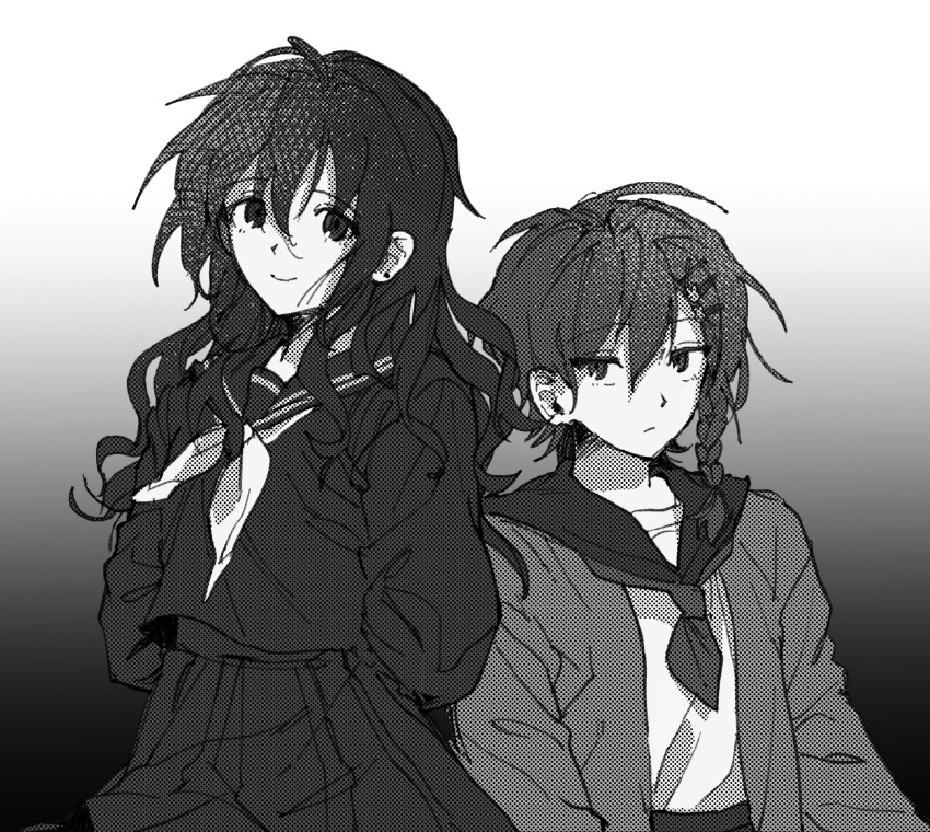 2girls black_background black_sailor_collar black_shirt black_skirt braid closed_mouth expressionless genderswap genderswap_(mtf) gradient_background grey_background greyscale highres long_hair looking_at_viewer maeno_aki mogaji monochrome multicolored_background multiple_girls sailor_collar school_uniform serafuku shirt short_hair skirt smile tsugino_haru wavy_hair white_shirt zeno_(game)