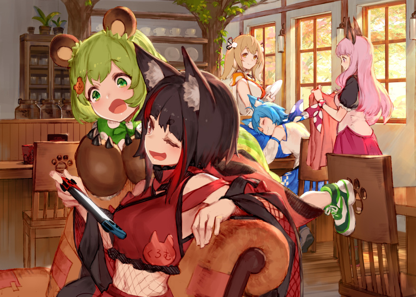 5girls :3 :d absurdres animal_ear_fluff animal_ears armchair bare_shoulders bear_ears bear_hair_ornament black_hair blanket blonde_hair brown_eyes chair commentary_request cup cutlery detached_sleeves eyebrows_visible_through_hair eyes_closed fox_ears gloves green_eyes green_hair hair_ornament hairclip haneru_channel haneru_inaba highres hinokuma_ran holding inari_kuromu indoors izumi_sai japanese_clothes kimono long_hair long_sleeves multicolored_hair multiple_girls nintendo_switch one_eye_closed open_mouth paw_gloves paw_print paws pink_hair plant plate potted_plant puffy_short_sleeves puffy_sleeves red_eyes red_kimono red_skirt sailor_collar saliva shoes short_sleeves sitting skirt sleeping smile smug sneakers souya_ichika streaked_hair teacup thick_eyebrows tray umori_hinako vest white_vest window