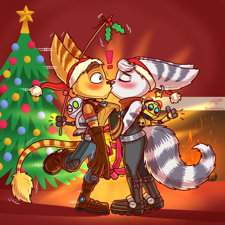 &lt;3 &lt;3_eyes 1:2 accidental_holly blue_eyes bolts breasts butt chimney christmas christmas_clothing christmas_decorations christmas_headwear christmas_present christmas_tree clank_(ratchet_and_clank) clothing cybernetic_arm cybernetic_limb duo ear_piercing ear_ring female fluffy fluffy_tail french_kissing fur gift gift_box gloves gold_bolt handwear hat headgear headwear hi_res holidays holly_(plant) kiss_on_lips kissing kit_(ratchet_and_clank) lombax luchosfactory male male/female mammal nuzzling piercing plant ratchet ratchet_and_clank ring_piercing rivet_(ratchet_and_clank) romantic romantic_ambiance romantic_couple santa_hat scarf sony_corporation sony_interactive_entertainment star surprise_kiss tail tree white_body white_fur yellow_body yellow_fur