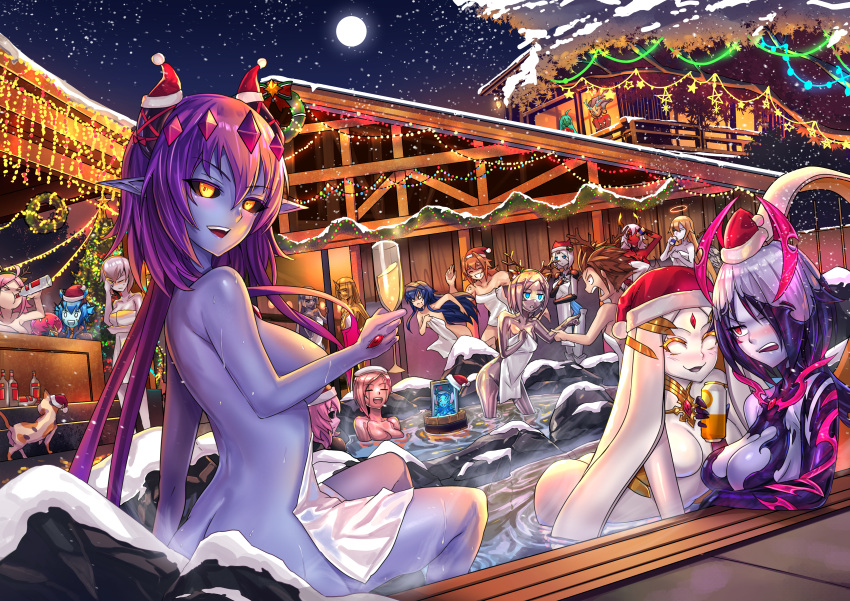 absurdres alcohol angel angel_wings ass beer blonde_hair blue_hair blue_skin breasts cat champagne christmas christmas_lights cleavage colored_skin demon_girl demon_horns drinking full_moon gold_skin green_skin grey_hair grey_skin highres horns ibenz009 liquor mercury_(element) metal_skin moon multicolored_hair multiple_girls night onsen orange_hair original outdoors pink_hair pink_skin purple_hair purple_skin red_skin rock silver_skin snow snowing third_eye towel two-tone_hair vodka white_hair white_skin wings wooden_wall