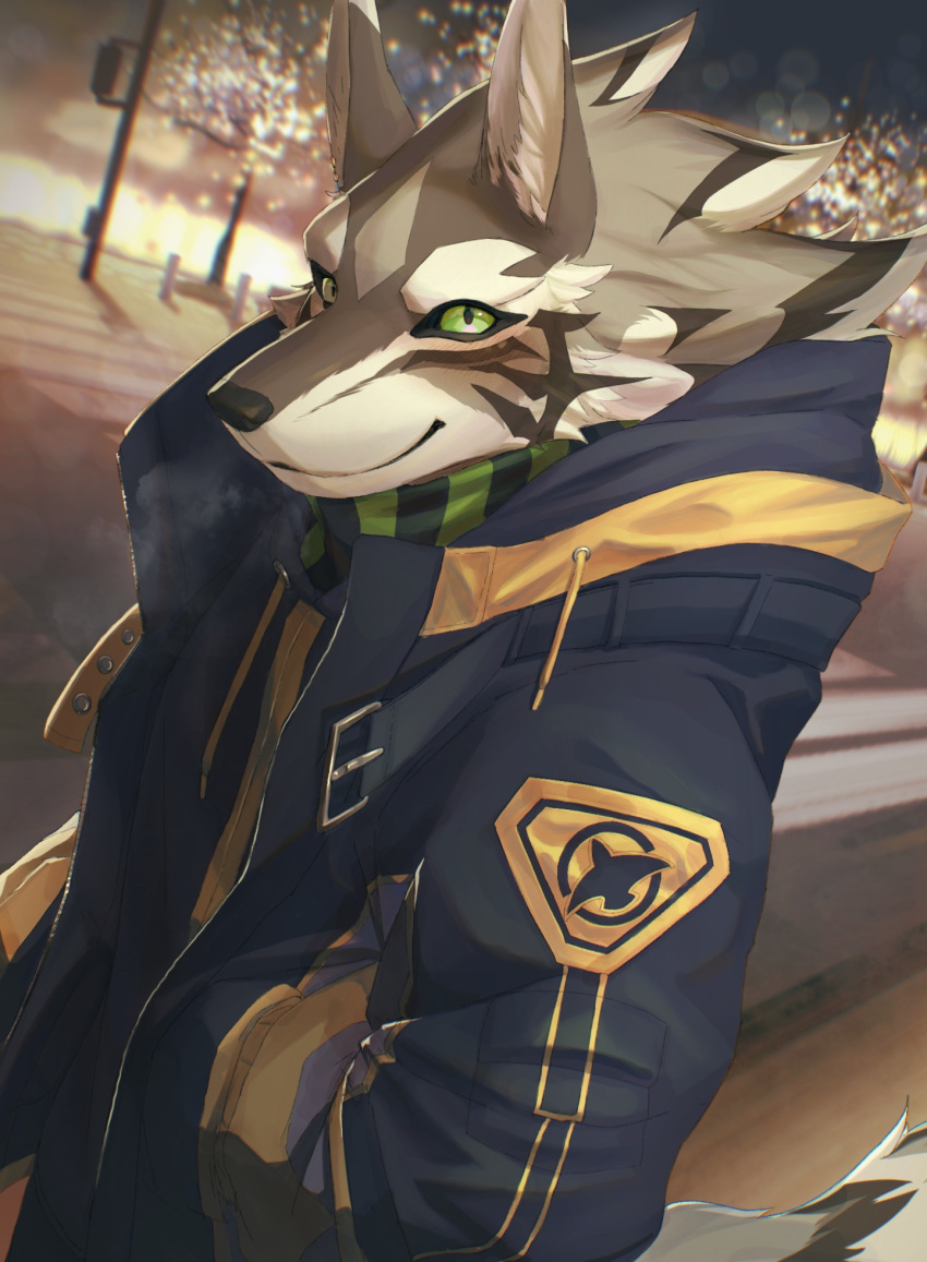 2023 ama_imakuma anthro brown_body brown_fur canid canine canis clothing fur green_eyes hi_res jackal jacket lifewonders male mammal seth_(tas) solo street striped_body striped_fur stripes tokyo_afterschool_summoners topwear