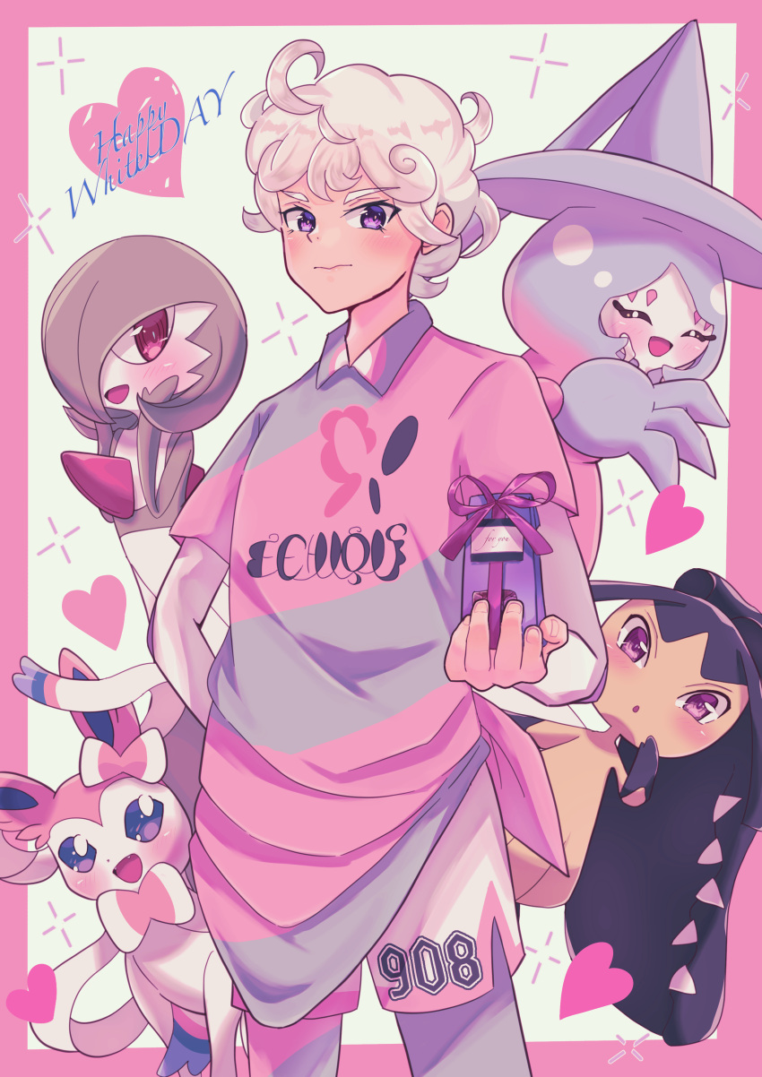 1boy absurdres ahoge arm_behind_back bede_(pokemon) blush border come2traveling cowboy_shot gardevoir hatterene highres looking_at_viewer mawile pink_border pokemon pokemon_(creature) pokemon_swsh purple_eyes shirt short_hair shorts sylveon white_day white_hair