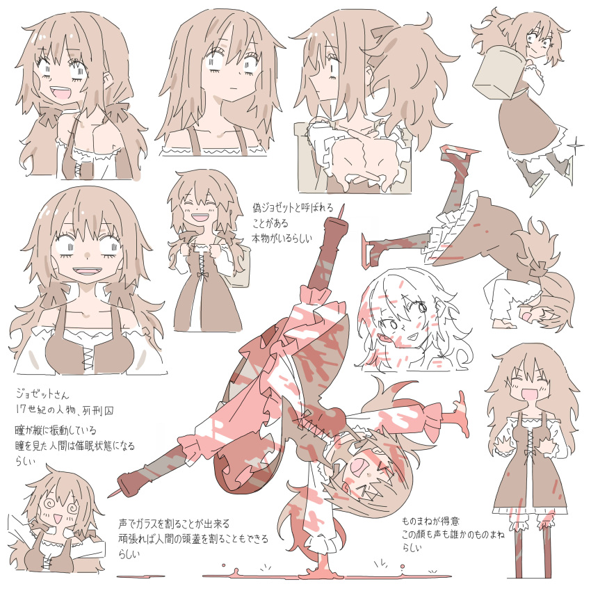 &gt;_&lt; 1girl :d @_@ absurdres blood blood_on_clothes blood_on_face blood_on_shoes bow cracking_knuckles crazy_eyes cropped_torso dress flat_color hair_bow handstand highres ice_skates light_brown_hair looking_at_viewer low_twintails masikakuma off-shoulder_shirt off_shoulder original pants pants_under_dress reference_sheet shirt side_ponytail simple_background skates smile solo standing translation_request twintails white_background white_pants white_shirt