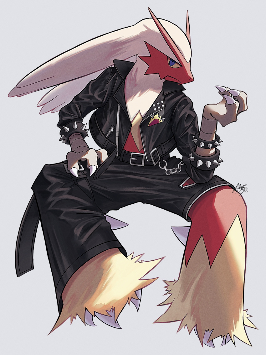 animal_focus belt black_jacket black_pants blaziken blue_eyes bracelet claws closed_mouth clothed_pokemon colored_sclera commentary_request highres invisible_chair jacket jewelry kuchiba_(jret2454) no_humans open_clothes open_jacket pants pokemon pokemon_(creature) signature sitting solo spiked_bracelet spikes white_background yellow_sclera