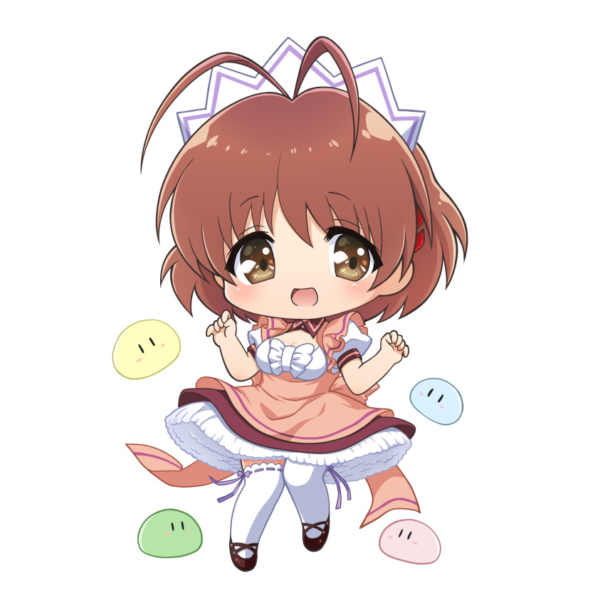 1girl antenna_hair brown_eyes brown_hair chibi clannad dango_daikazoku dress full_body furukawa_nagisa highres ikeda_jun_(aquaqua) maid_headdress pink_dress puffy_short_sleeves puffy_sleeves short_hair short_sleeves simple_background smile thighhighs waitress white_background white_thighhighs