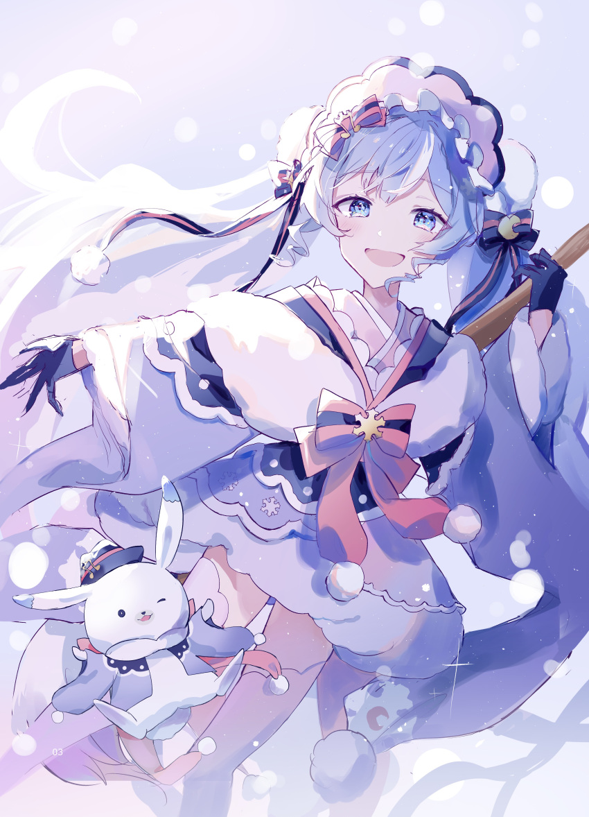 1girl absurdres animal aqua_eyes aqua_hair blue_eyes bow capelet dress hatsune_miku headdress highres holding open_mouth pink_bow rabbit ruru_da smile snow snowing solo twintails vocaloid white_capelet white_dress winter yuki_miku