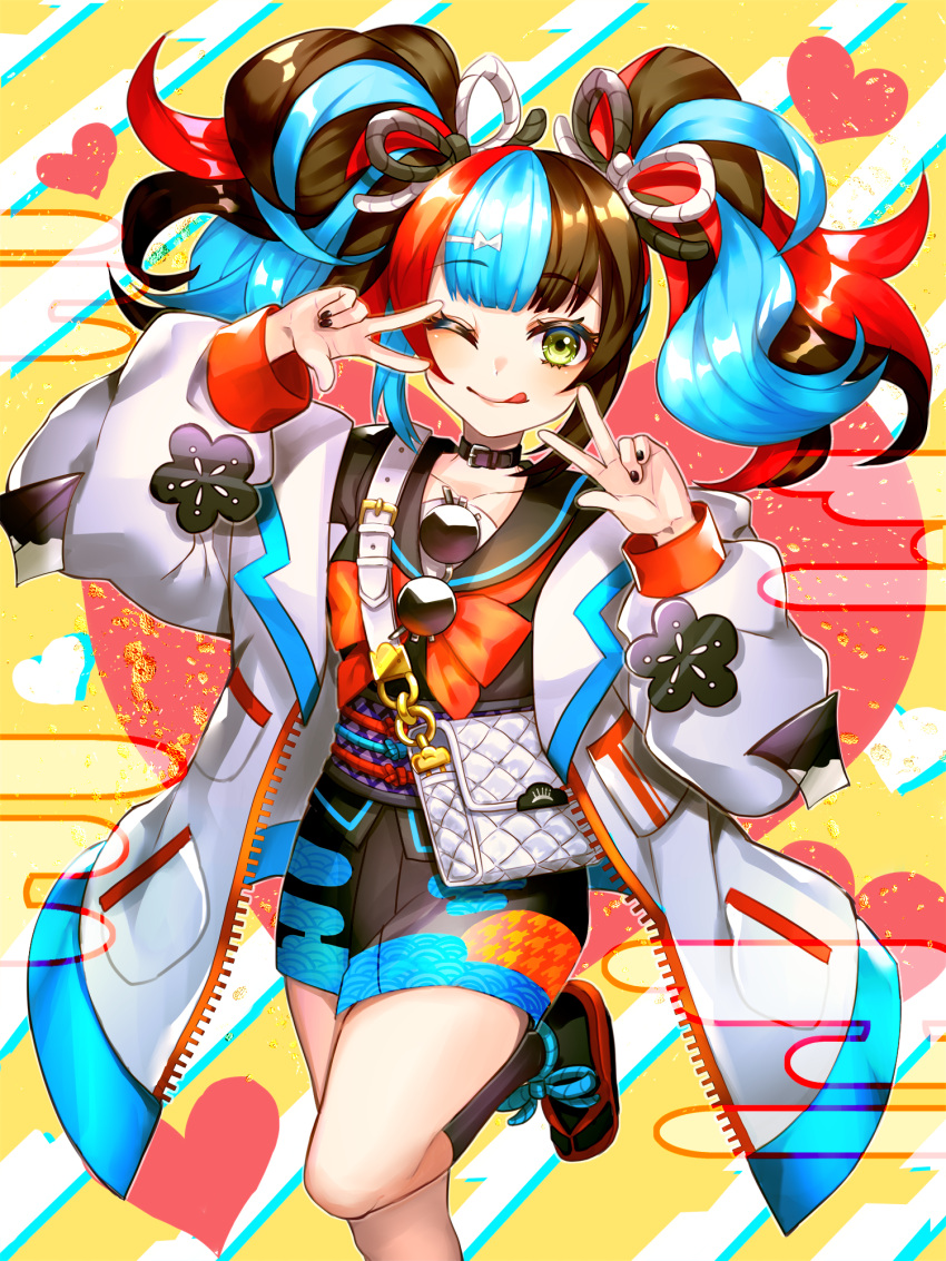 1girl ;q bag black_nails black_sailor_collar blue_hair brown_hair choker cowboy_shot double_w fate/grand_order fate_(series) green_eyes hair_ornament hair_ribbon handbag heart highres jacket kuzushima long_sleeves looking_at_viewer multicolored_hair one_eye_closed red_footwear red_hair ribbon sailor_collar sei_shounagon_(fate) smile solo standing standing_on_one_leg sunglasses tongue tongue_out twintails w white_jacket