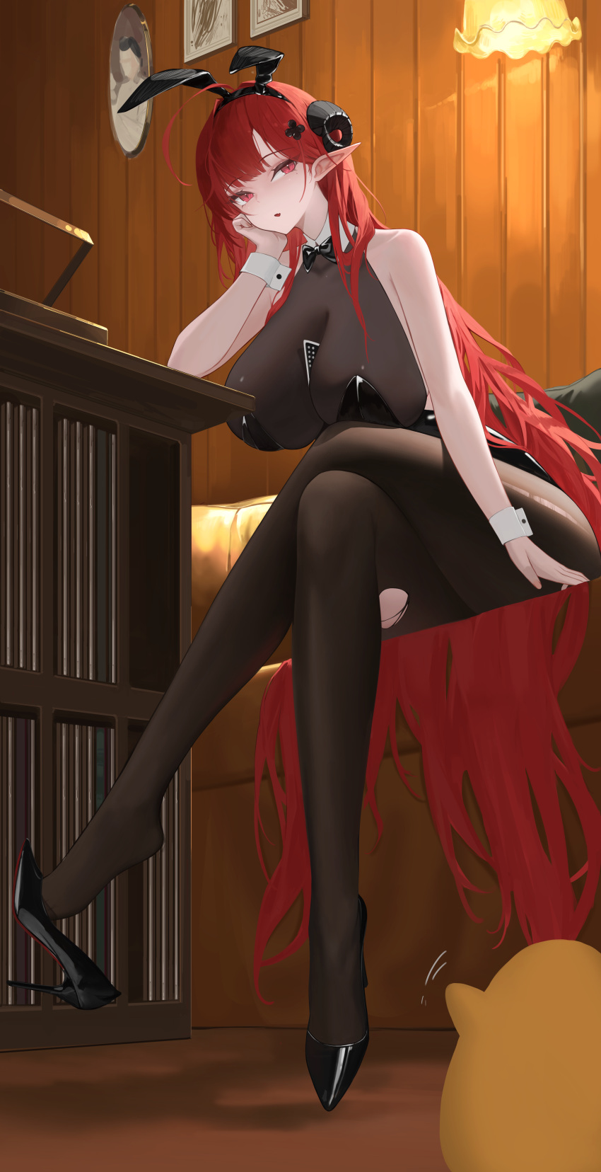 1girl absurdres animal_ears azur_lane bare_shoulders black_footwear black_leotard black_pantyhose blush breasts ceiling_light chair cleavage collar couch crossed_legs detached_collar fake_animal_ears hair_ornament hand_on_own_cheek hand_on_own_face head_rest high_heels highres hindenburg_(azur_lane) hindenburg_(delirious_duel)_(azur_lane) horns huge_breasts indoors lamp large_breasts legs leotard long_hair looking_at_viewer manjuu_(azur_lane) mole open_mouth pantyhose parted_lips playboy_bunny rabbit_ears red_eyes red_hair shoe_dangle shoes single_shoe sitting solo strapless strapless_leotard table thighs torn_clothes torn_pantyhose user_vzzn2855 very_long_hair wrist_cuffs