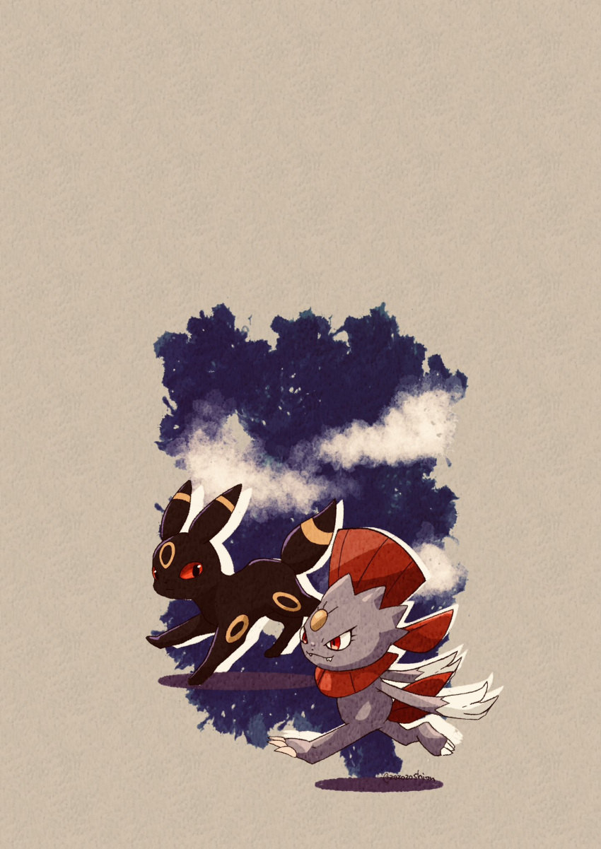 animal_focus artist_name black_fur claws closed_mouth cloud commentary_request facial_mark fangs forehead_jewel forehead_mark highres night night_sky no_humans pokemon pokemon_(creature) red_eyes simple_background sky tail twitter_username umbreon weavile white_background zozozoshion