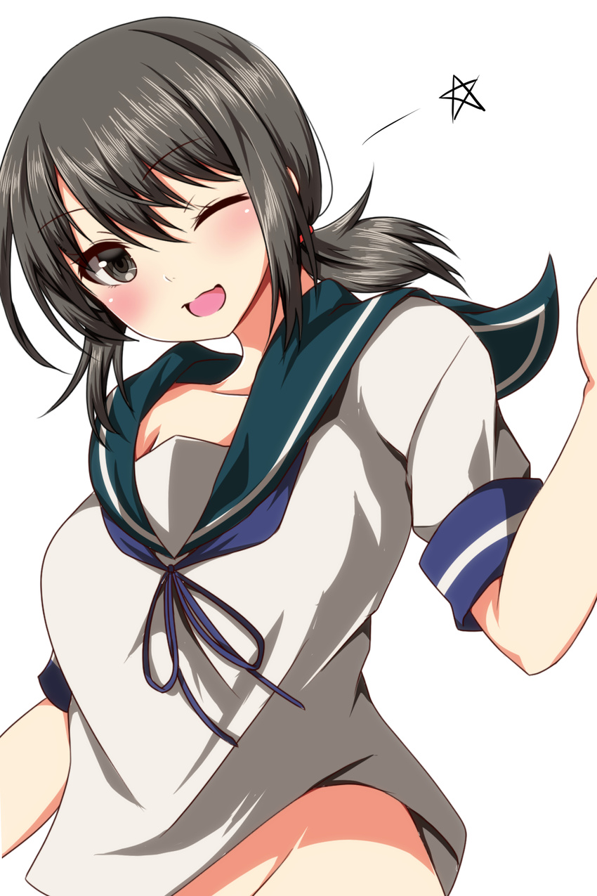 ;d alternate_breast_size ar_(lover_boy) bad_id bad_nicoseiga_id black_eyes black_hair breasts collarbone eyebrows_visible_through_hair fubuki_(kantai_collection) groin highres kantai_collection large_breasts older one_eye_closed open_mouth sailor_collar school_uniform serafuku short_hair short_ponytail short_sleeves simple_background smile solo white_background