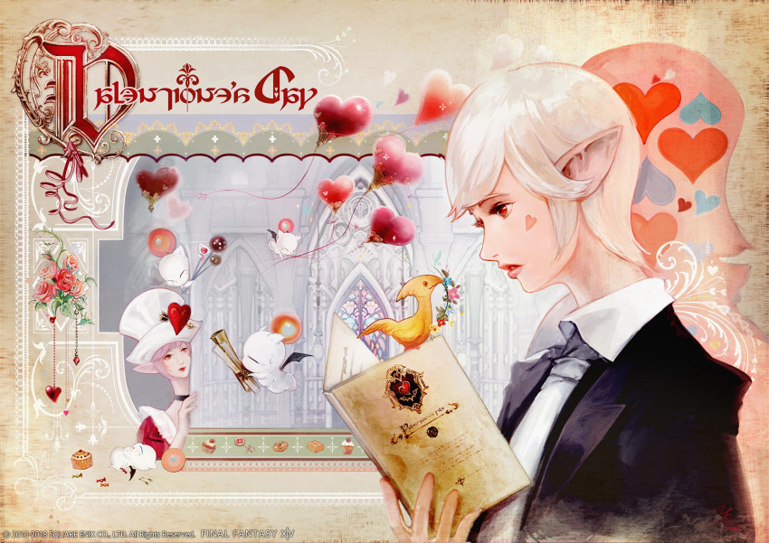 2girls artist_request astrid_de_valentione book chocobo closed_mouth elezen elf facial_mark final_fantasy final_fantasy_xiv hat heart heart_facial_mark highres holding holding_book lisette_de_valentione moogle multiple_girls official_art parted_lips pointy_ears red_eyes short_hair white_hair