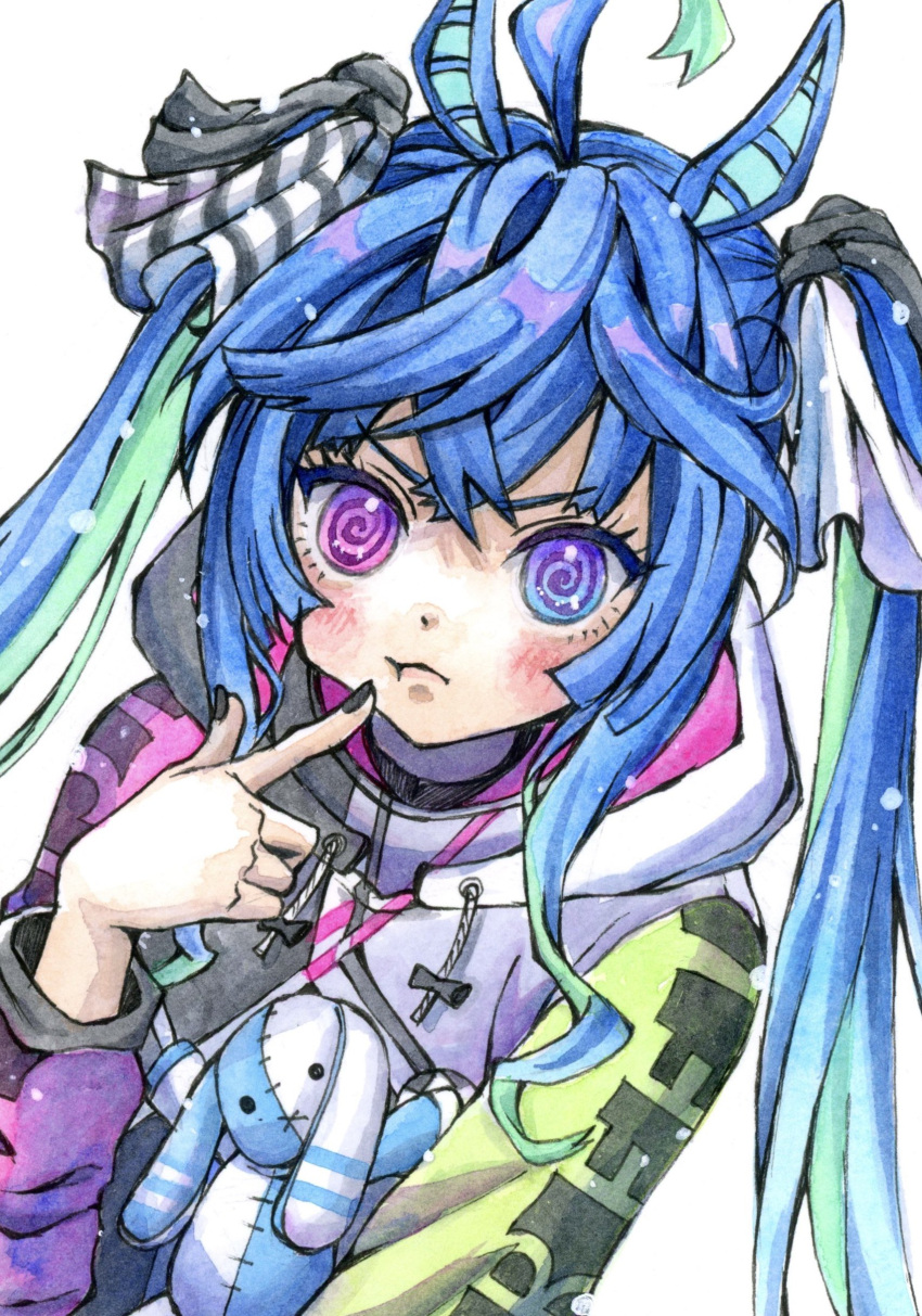 1girl :t @_@ absurdres ahoge animal_ears aqua_hair black_nails blue_eyes blue_hair blush bow closed_mouth commentary crossed_bangs drawstring finger_to_mouth hair_bow hand_up heterochromia highres hood hoodie horse_ears horse_girl long_hair long_sleeves looking_at_viewer multicolored_clothes multicolored_hair multicolored_hoodie nail_polish painting_(medium) pointing pointing_at_self pout purple_eyes sidelocks solo striped striped_bow stuffed_animal stuffed_rabbit stuffed_toy traditional_media twin_turbo_(umamusume) twintails two-tone_hair umamusume upper_body v-shaped_eyebrows watercolor_(medium) white_background yuika_b1ue