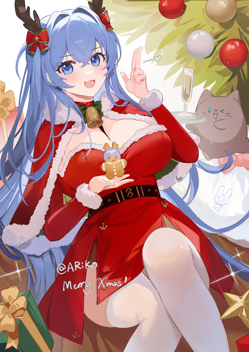 1girl :3 absurdres antlers ariko_(aaaaarik) artist_name azur_lane bell blue_eyes blue_hair bow box breasts cat champagne_flute character_cookie christmas christmas_tree crossed_bangs cup dress drinking_glass fake_antlers gift gift_box gingerbread_cookie gingerbread_man hair_bow hair_intakes hands_up heart highres holding holding_tray large_breasts light_blush long_hair looking_at_viewer meowfficer_(azur_lane) merry_christmas neck_bell new_jersey_(azur_lane) open_mouth red_bow red_dress reindeer_antlers salute santa_costume santa_dress sparkle thighhighs tray two-finger_salute white_thighhighs