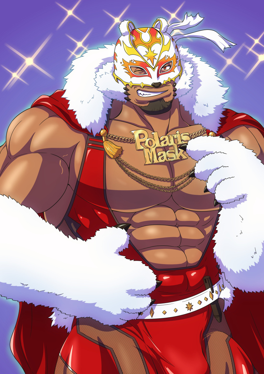 1boy absurdres animal_ears bara bear_ears bear_mask bear_paws bee_boy brown_eyes bulge christmas clothing_cutout cowboy_shot dark-skinned_male dark_skin facial_hair fake_animal_ears fishnet_cutout fur_trim goatee hat highres large_pectorals live_a_hero male_focus mask mature_male minatsumi muscular muscular_male official_alternate_costume one_eye_closed pectorals polaris_mask_(live_a_hero) santa_costume santa_hat smile solo thigh_cutout wrestling_mask wrestling_outfit