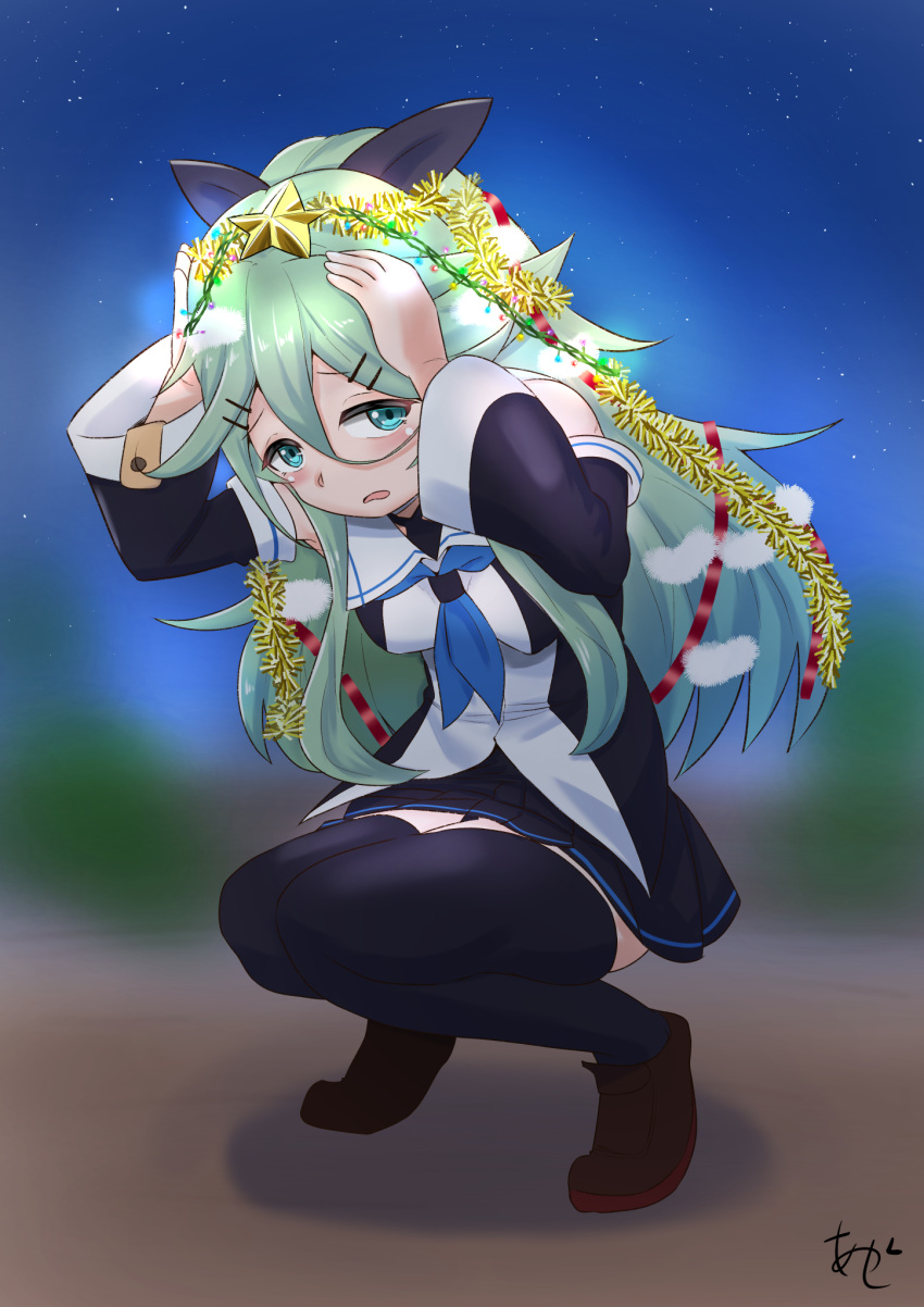 1girl akashieru black_ribbon black_serafuku black_skirt black_thighhighs blue_neckerchief christmas_ornaments detached_sleeves green_eyes green_hair hair_between_eyes hair_ornament hair_ribbon hairclip hands_on_own_head highres kantai_collection long_hair looking_at_viewer neckerchief parted_bangs pleated_skirt ponytail ribbon school_uniform serafuku sidelocks skirt solo squatting star_ornament thighhighs yamakaze_(kancolle)