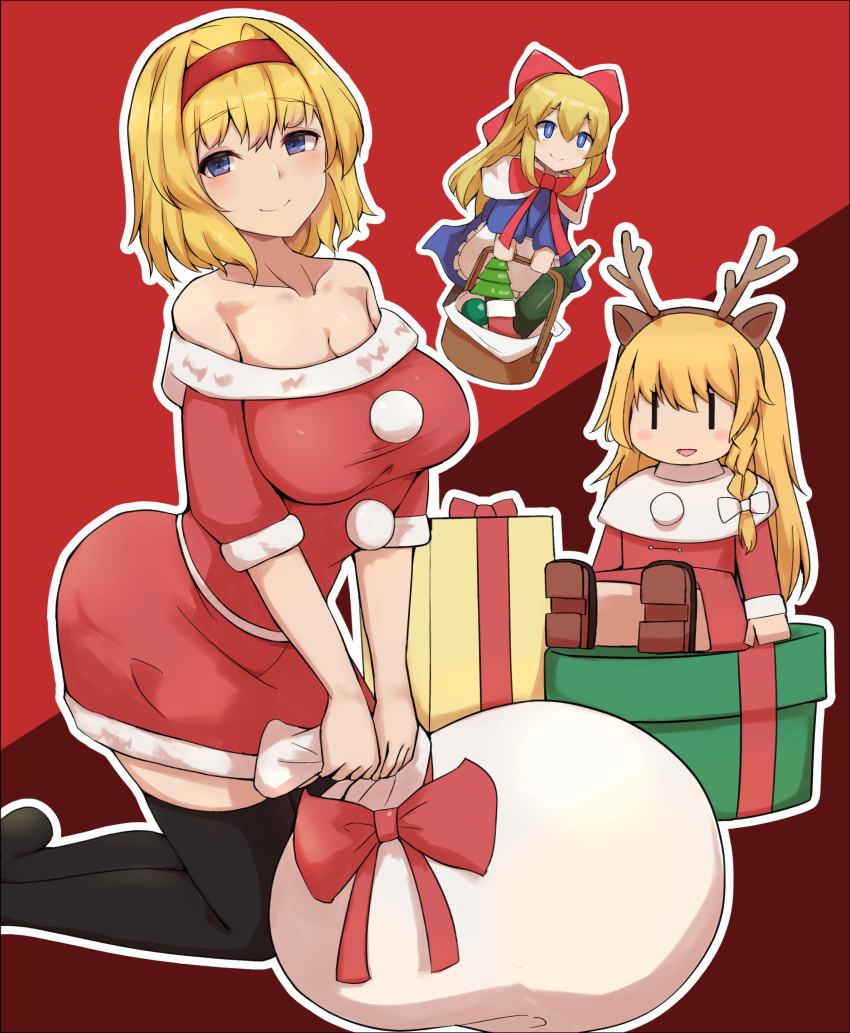 1girl absurdres alice_margatroid bare_shoulders black_thighhighs blonde_hair blue_eyes breasts cleavage collarbone dress fur-trimmed_dress fur_trim hair_intakes hairband highres holding holding_sack kirisame_marisa large_breasts looking_at_viewer mani_padme red_background red_dress red_hairband sack santa_costume shanghai_doll short_hair smile thighhighs touhou toy