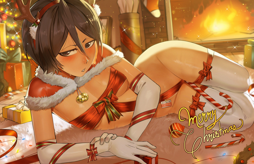 1girl antlers black_hair bleach box breasts capelet christmas christmas_tree crotch_ribbon elbow_gloves english_commentary fake_antlers fireplace fur-trimmed_capelet fur_trim gift gift_box gloves hair_between_eyes highres indoors kuchiki_rukia looking_at_viewer lying merry_christmas naked_ribbon on_side parted_lips red_capelet red_ribbon reindeer_antlers ribbon short_hair small_breasts thighhighs waligner white_gloves white_thighhighs