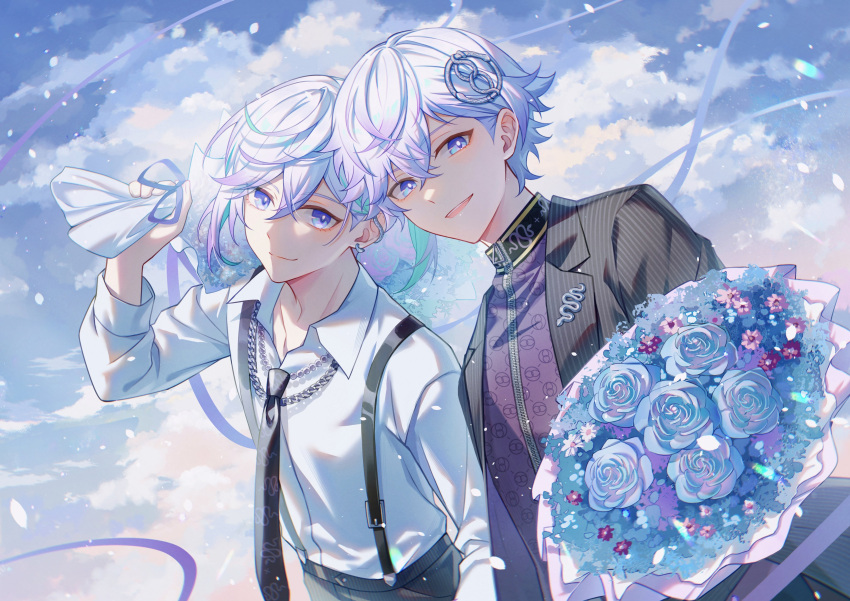 2boys absurdres aqua_hair blue_flower blue_rose blue_sky bouquet cloud cloudy_sky cozmez_(paradox_live) flower hao_lei_a highres holding holding_bouquet holding_flower male_focus multicolored_hair multiple_boys official_alternate_costume paradox_live pink_flower purple_eyes purple_flower purple_hair red_flower rose sky yatonokami_kanata yatonokami_nayuta