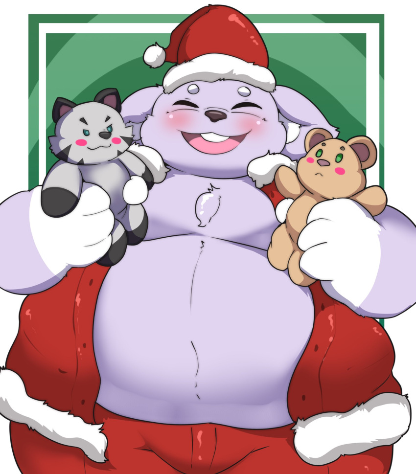 2023 anthro belly big_belly blush bottomwear christmas christmas_clothing christmas_headwear clothing costume eyes_closed hat headgear headwear hi_res holidays inigo_(kusosensei) kemono kusosensei lagomorph leporid male mammal overweight overweight_male pants plushie rabbit santa_costume santa_hat simple_background solo tokki