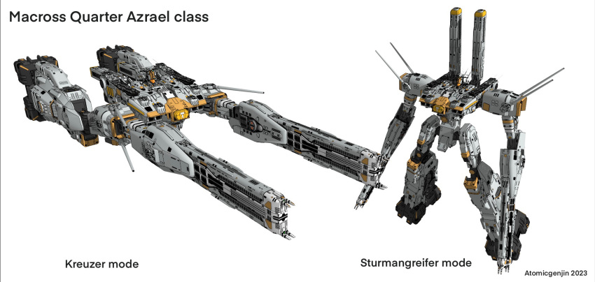 2023 3d atomicgenjin concept_art dated energy_cannon english_text fusion german_text highres machinery macross macross:_do_you_remember_love? macross_frontier macross_quarter mecha redesign robot science_fiction sdf-1 signature spacecraft storm_attacker white_background