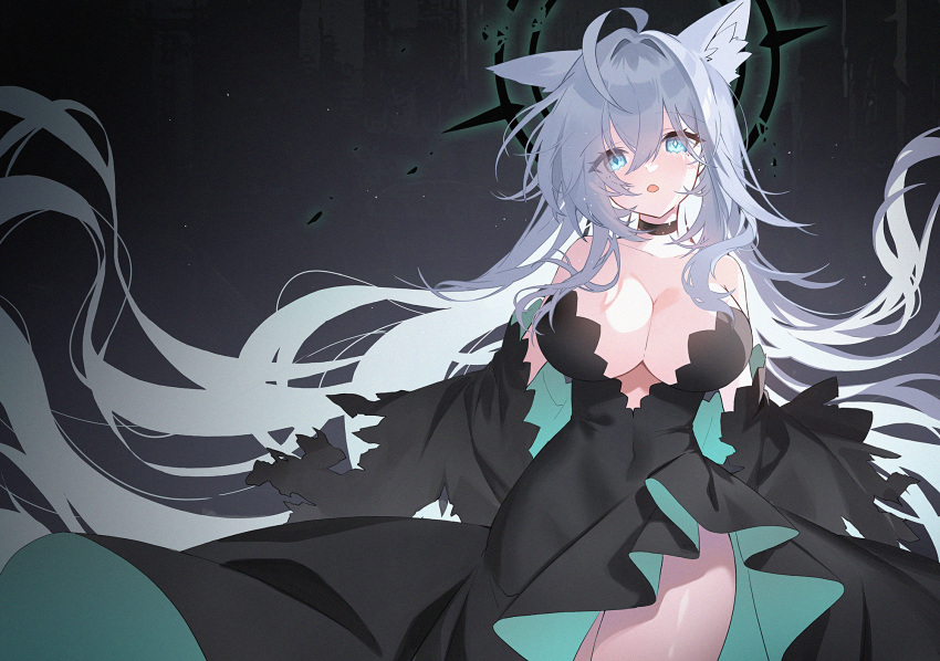 1girl ahoge animal_ear_fluff animal_ears apple_caramel bare_shoulders black_choker black_dress black_sleeves blue_archive blue_eyes blush breasts choker cowboy_shot dark_halo detached_sleeves dress extra_ears eyes_visible_through_hair grey_hair hair_between_eyes halo highres large_breasts long_hair looking_at_viewer open_mouth shiroko_(blue_archive) shiroko_terror_(blue_archive) sleeves_past_fingers sleeves_past_wrists solo thighs wolf_ears