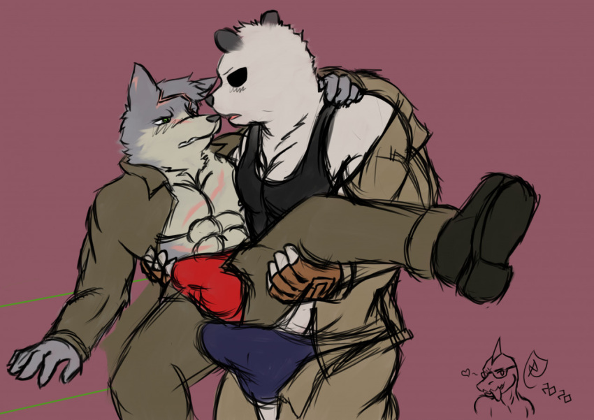 anthro bad_2_bad:_extinction bear beo_shepherd_(bad_2_bad) bulge bulge_frottage canid canine canis clothed clothing detailed_bulge domestic_dog duo erection erection_under_clothing flushed fur genital_outline giant_panda grey_body grey_fur leg_grab male male/male mammal muscular muscular_anthro muscular_male pan_colman_(b2b_extinction) partially_clothed penis_outline renia_xenophere scar standing underwear white_body white_fur