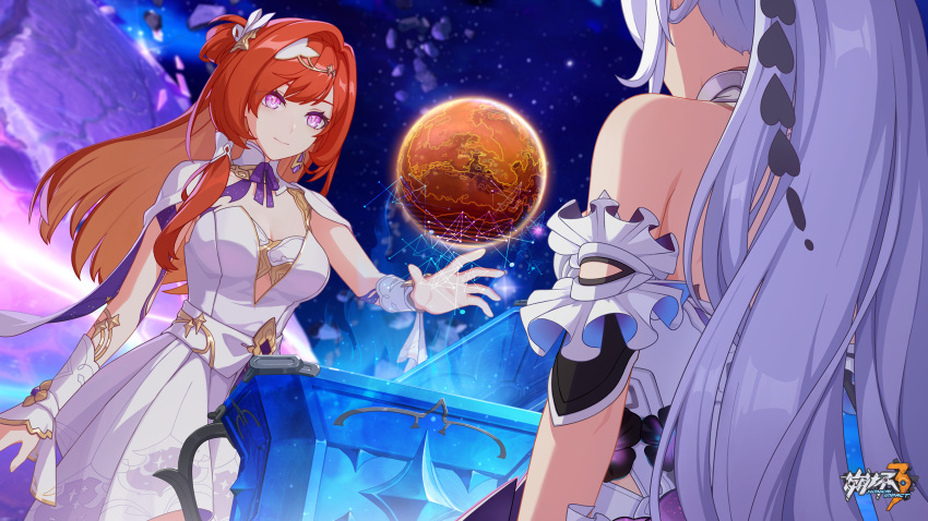 2girls bare_shoulders breasts chinese_commentary coccon_of_finality diamond_(shape) dress elysia_(herrscher_of_human:ego)_(honkai_impact) elysia_(honkai_impact) highres honkai_(series) honkai_impact_3rd kiana_kaslana kiana_kaslana_(herrscher_of_finality) large_breasts long_hair mars_(planet) multiple_girls official_art official_wallpaper open_hands pink_eyes planet red_hair senadina_(honkai_impact) smile space spoilers standing white_dress white_hair