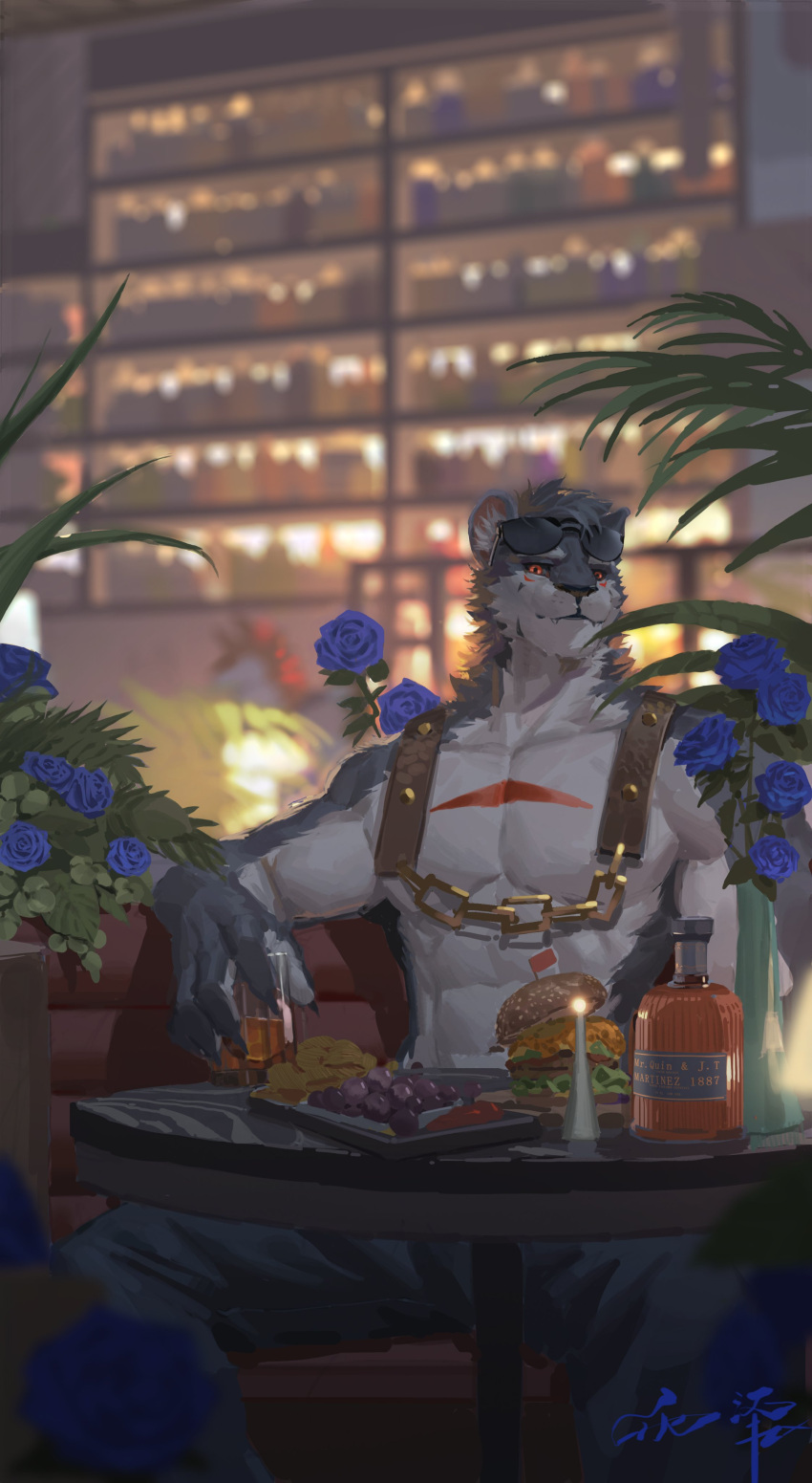 absurd_res anthro awaldkize beverage blue_rose bottomwear cheek_tuft clothed clothing facial_tuft fangs felid flower food front_view fur grey_body grey_bottomwear grey_clothing grey_fur grey_hair grey_pants grey_sclera hair hi_res looking_at_viewer male mammal neck_tuft orange_eyes pants plant rose_(flower) short_hair sitting solo teeth topless tuft white_body white_fur