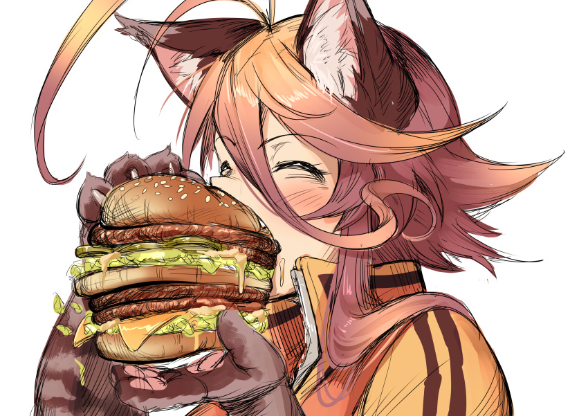 1girl absurdres ad ahoge animal_ears animal_hands big_mac blush brown_hair brown_jacket burger cat_ears closed_eyes commentary_request double-decker_hamburger_bun eating food from_side full_mouth highres holding holding_food huge_ahoge jacket open_mouth original parody simple_background solo too_much_burger white_background yagatake_arashi yana_(nekoarashi)