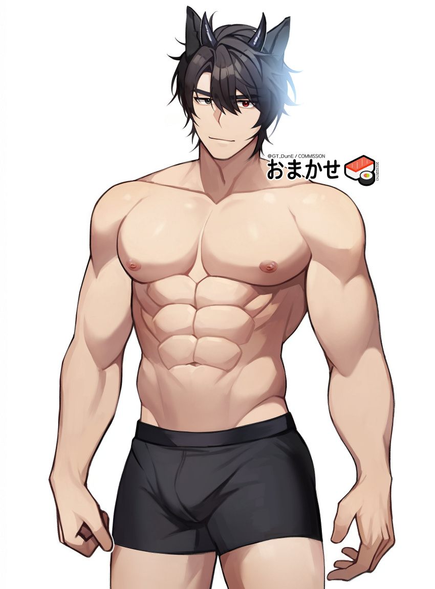1boy abs absurdres animal_ears bara biceps black_eyes black_hair black_male_underwear boxer_briefs bulge closed_mouth cowboy_shot food gt_dune hair_between_eyes heterochromia highres horns large_pectorals looking_at_viewer male_focus male_underwear muscular muscular_male navel nipples original pectorals red_eyes short_hair simple_background smile solo standing sushi thighs topless_male twitter_username underwear underwear_only white_background