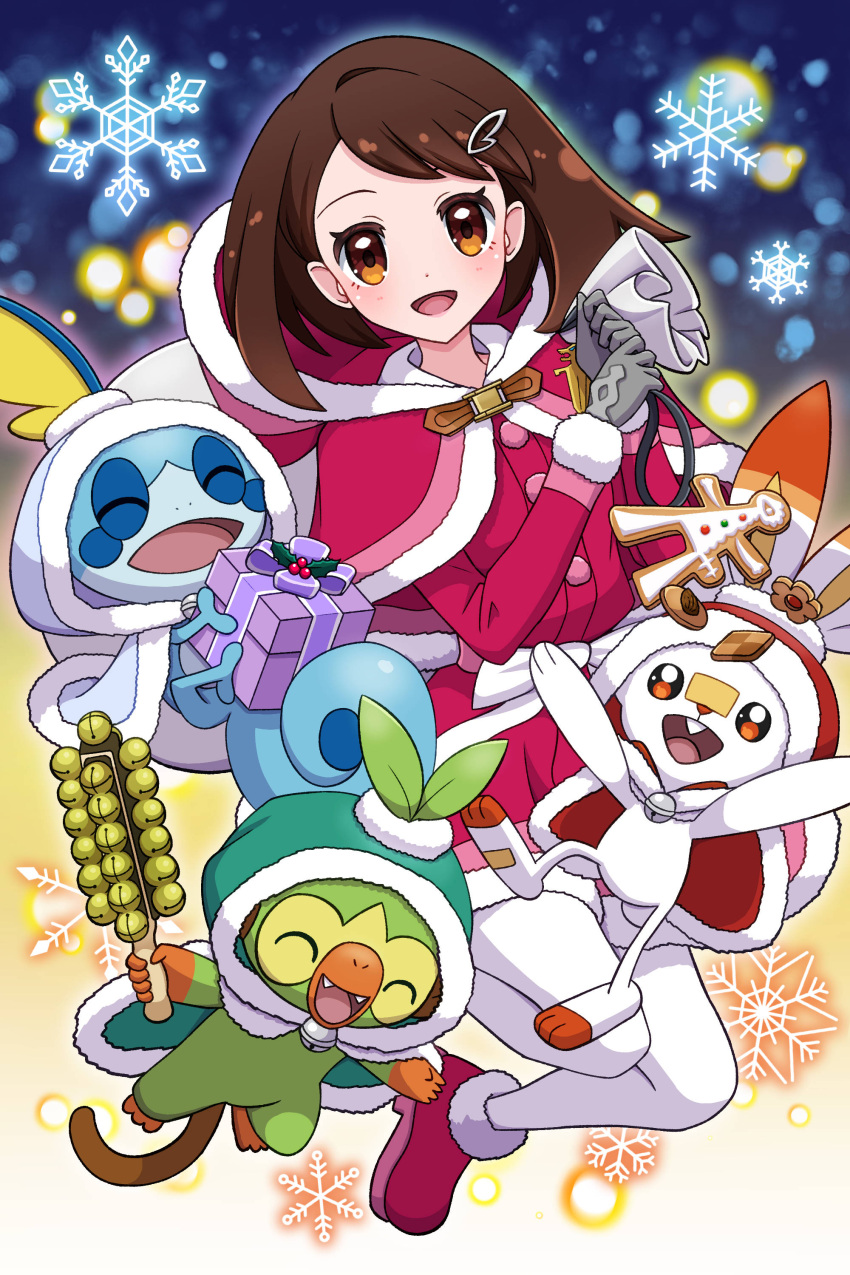 1girl :d absurdres alternate_costume brown_eyes brown_hair commentary_request dress gloria_(pokemon) gloves grey_gloves grookey hair_ornament hairclip highres long_sleeves looking_at_viewer open_mouth pantyhose pink_dress pink_footwear pokemon pokemon_(creature) pokemon_swsh sack scorbunny shoes smile snowflakes sobble starter_pokemon_trio tongue white_pantyhose yuu_(jgvj7873)