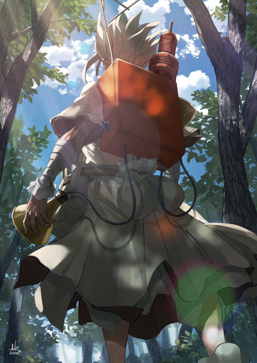 1boy asuka_(ppask) day dr._stone forest from_below highres holding ishigami_senkuu lens_flare long_hair male_focus nature outdoors solo spiked_hair sunlight white_hair