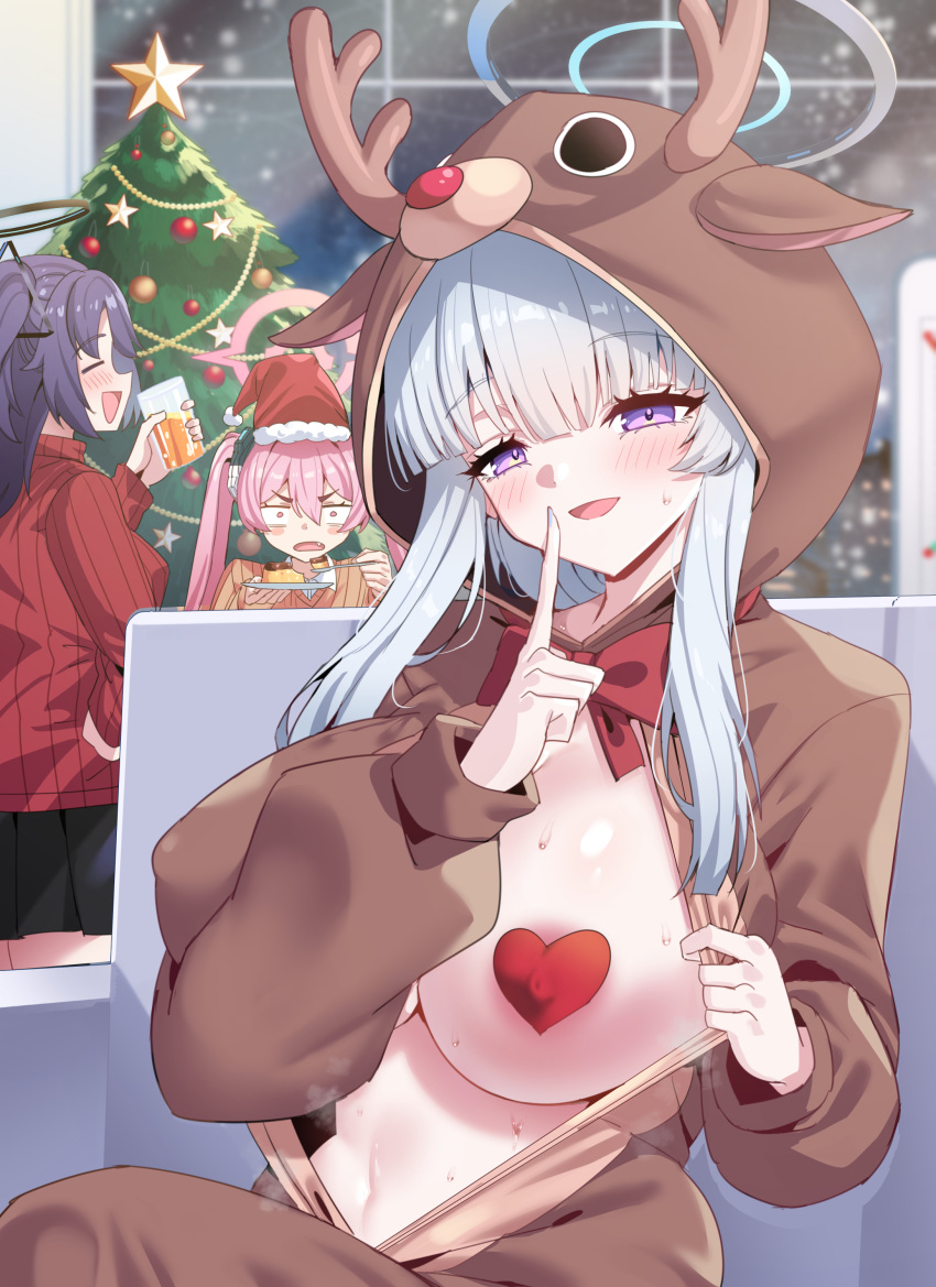 3girls absurdres animal_costume animal_hood antlers blue_archive blush breasts christmas christmas_ornaments christmas_tree commentary cup english_commentary fang food grey_hair halo hat heart_pasties highres holding holding_cup holding_spoon hood hood_up index_finger_raised indoors koyuki_(blue_archive) large_breasts long_hair long_sleeves mechanical_halo multiple_girls noa_(blue_archive) open_mouth pasties pink_eyes pink_hair pink_halo pudding puffy_long_sleeves puffy_sleeves purple_eyes purple_hair rayno red_headwear red_sweater reindeer_antlers reindeer_costume ribbed_sweater santa_hat smile spoon sweater twintails two_side_up yuuka_(blue_archive)