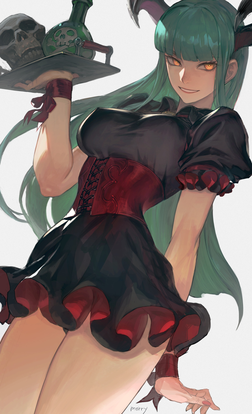 1girl artist_name black_dress collared_dress commentary covered_nipples cowboy_shot dress dutch_angle from_below green_hair grin highres holding holding_tray horns long_hair looking_at_viewer looking_down morrigan_aensland morry puffy_short_sleeves puffy_sleeves short_dress short_sleeves simple_background smile solo tray vampire_(game) white_background yellow_eyes