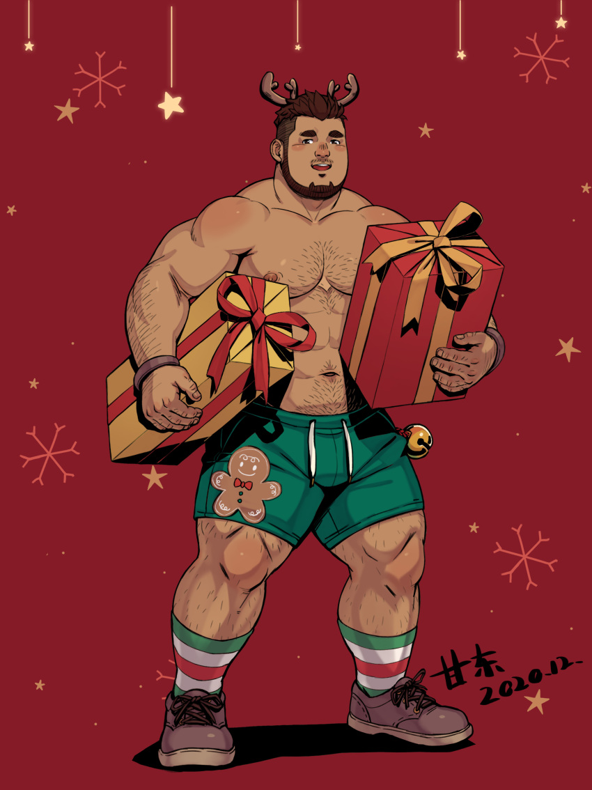 1boy abs absurdres antlers arm_hair bara beard belly boots box character_print character_request chest_hair christmas dark-skinned_male dark_skin dated facial_hair full_beard full_body gangdong gift gift_box hairy highres large_pectorals leg_hair looking_at_viewer male_focus mature_male muscular muscular_male mustache_stubble navel navel_hair nipples original pectorals plump print_shorts reindeer_antlers short_hair shorts smile socks solo standing stomach strongman_waist textless_version thick_eyebrows topless_male