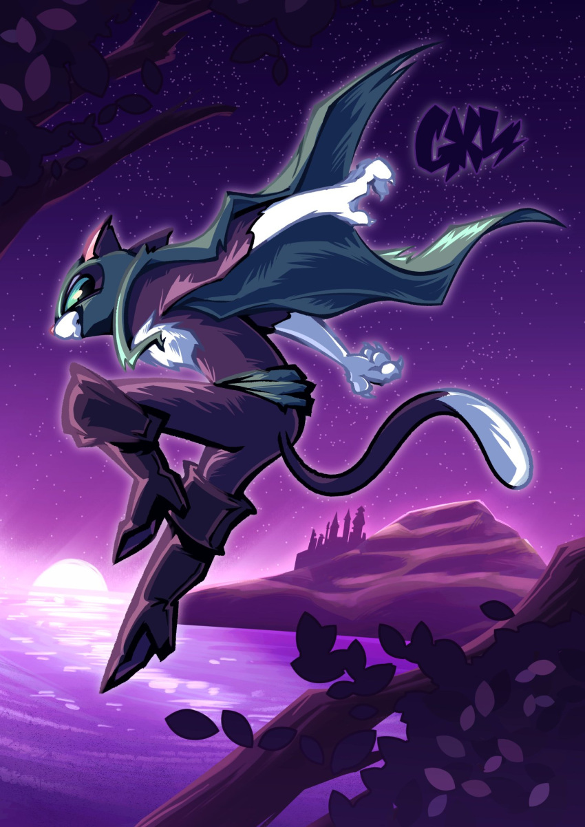 anthro belt blue_eyes boots cape clothing domestic_cat dreamworks felid feline felis female fluffy footwear gxlpics hi_res jumping kitty_softpaws legwear mammal mask moon outside puss_in_boots_(dreamworks) sea signature sky solo star starry_sky thigh_boots thigh_highs tuxedo_cat water