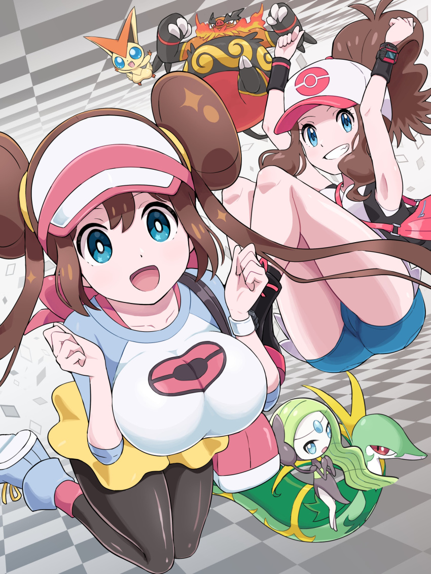 2girls absurdres ass baseball_cap black_vest blue_eyes breasts brown_hair denim denim_shorts double_bun emboar exposed_pocket grin hair_bun hat high_ponytail highres hilda_(pokemon) large_breasts long_hair looking_at_viewer meloetta meloetta_(aria) multiple_girls open_mouth pantyhose poke_ball_print pokemoa pokemon pokemon_bw pokemon_bw2 pokemon_masters_ex rosa_(pokemon) serperior shirt short_shorts shorts sidelocks smile tepig twintails vest victini visor_cap white_shirt wristband yellow_shorts